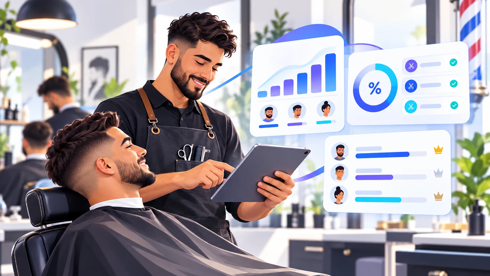 Barbero revisa un resumen visual de comisiones y desempeño del equipo