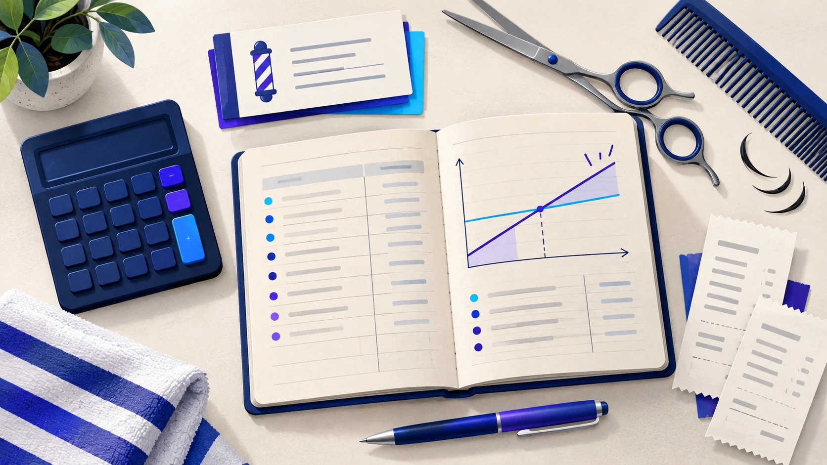 Agenda y calculadora junto a un registro de ingresos y un gráfico de punto de equilibrio