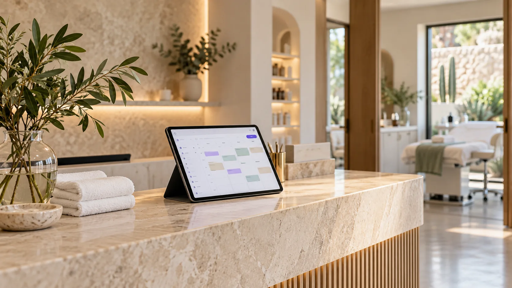 Recepción luminosa de una clínica estética con agenda digital y espacios de atención