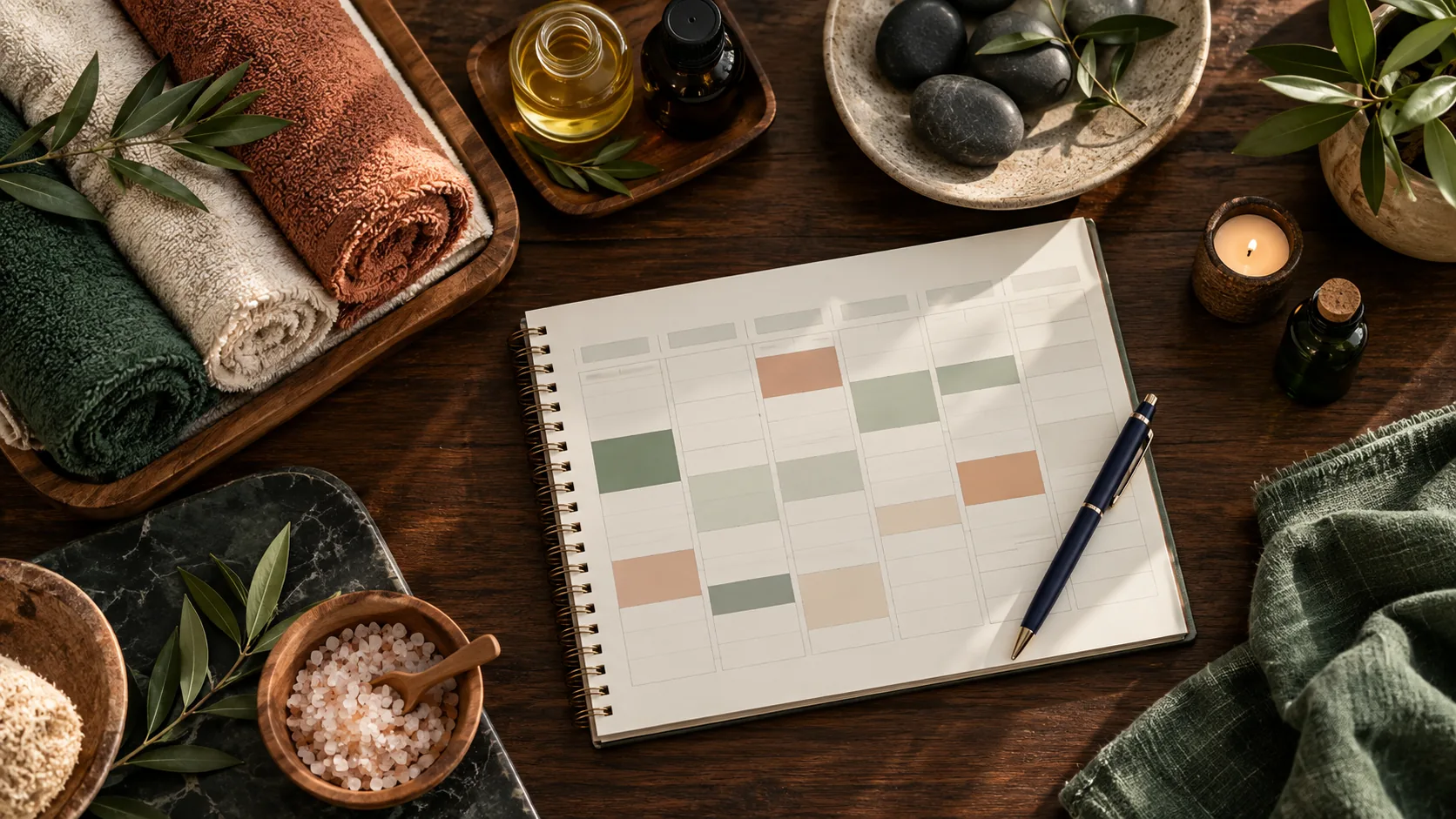 Toallas, piedras y tarjetas de tratamientos organizadas para planear la agenda de un spa