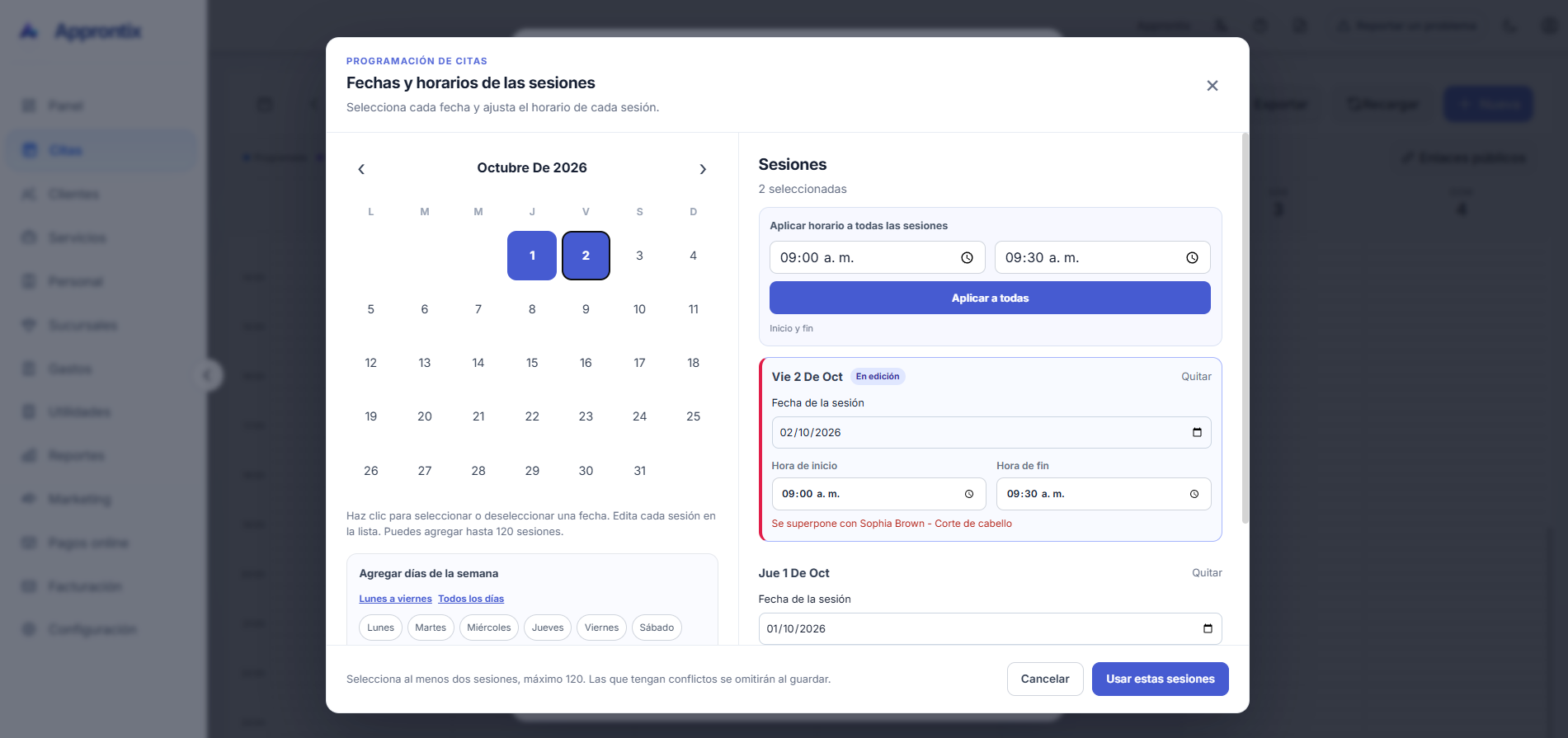 Programación en serie de Approntix con calendario, sesiones y horarios individuales.