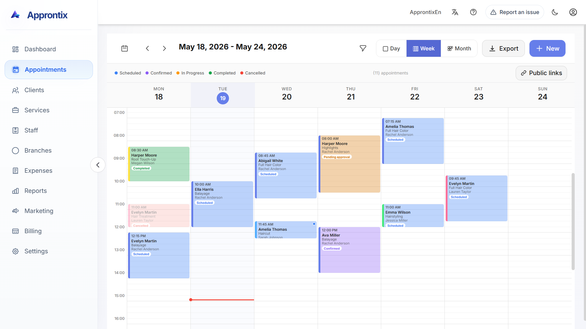 Approntix appointment scheduling screen with calendar, bookings, and service details.