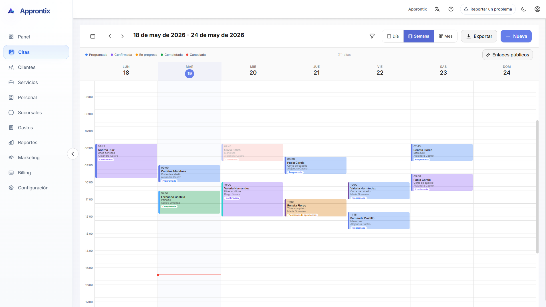 Pantalla de agenda de citas de Approntix con calendario, reservas y detalles del servicio.