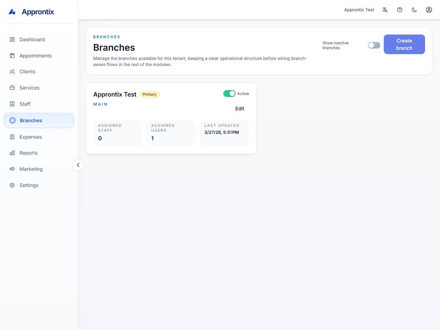 Approntix branches module showing multi-location setup and branch details.