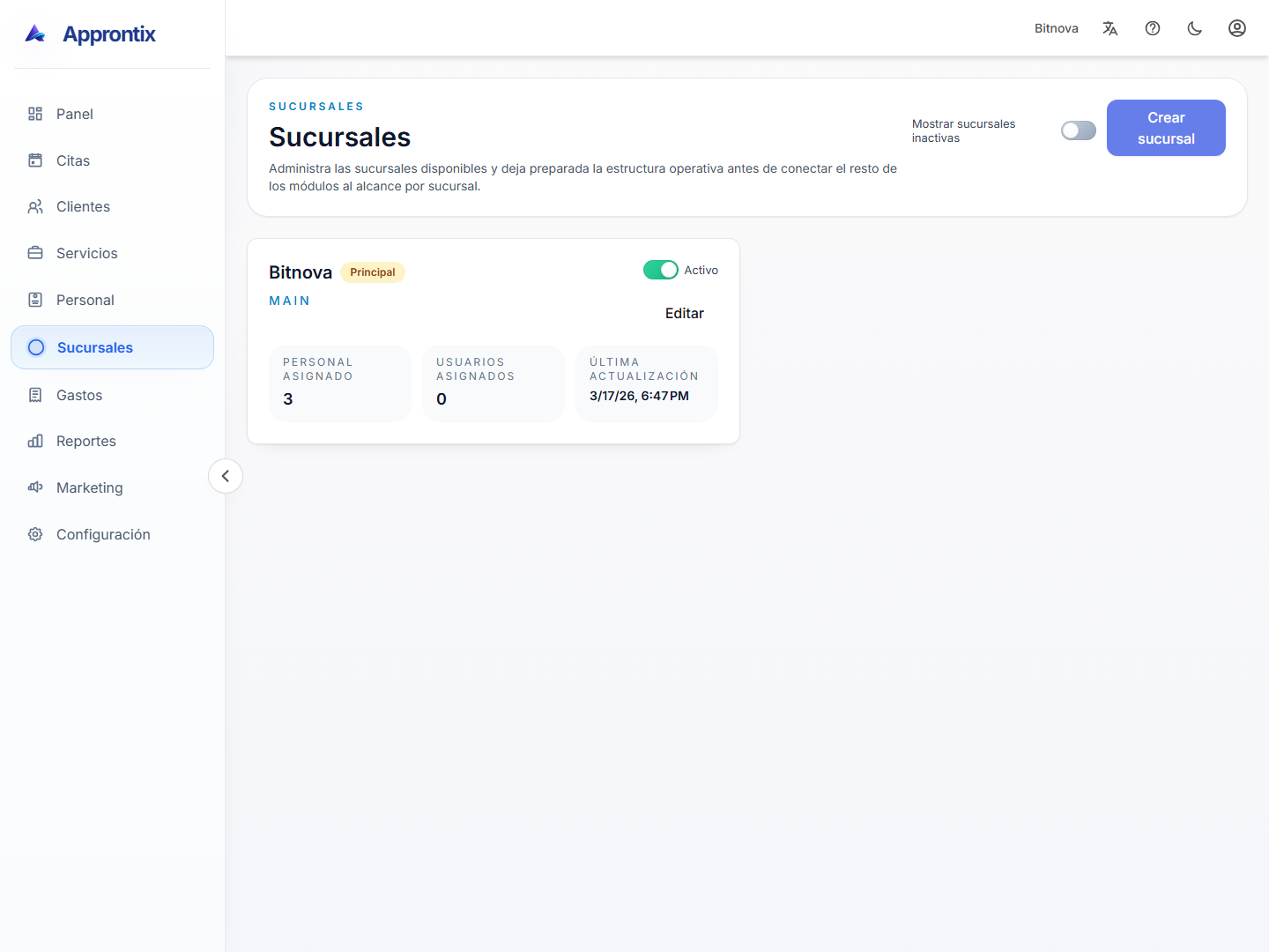 Modulo de sucursales de Approntix con configuracion y vista por ubicacion.