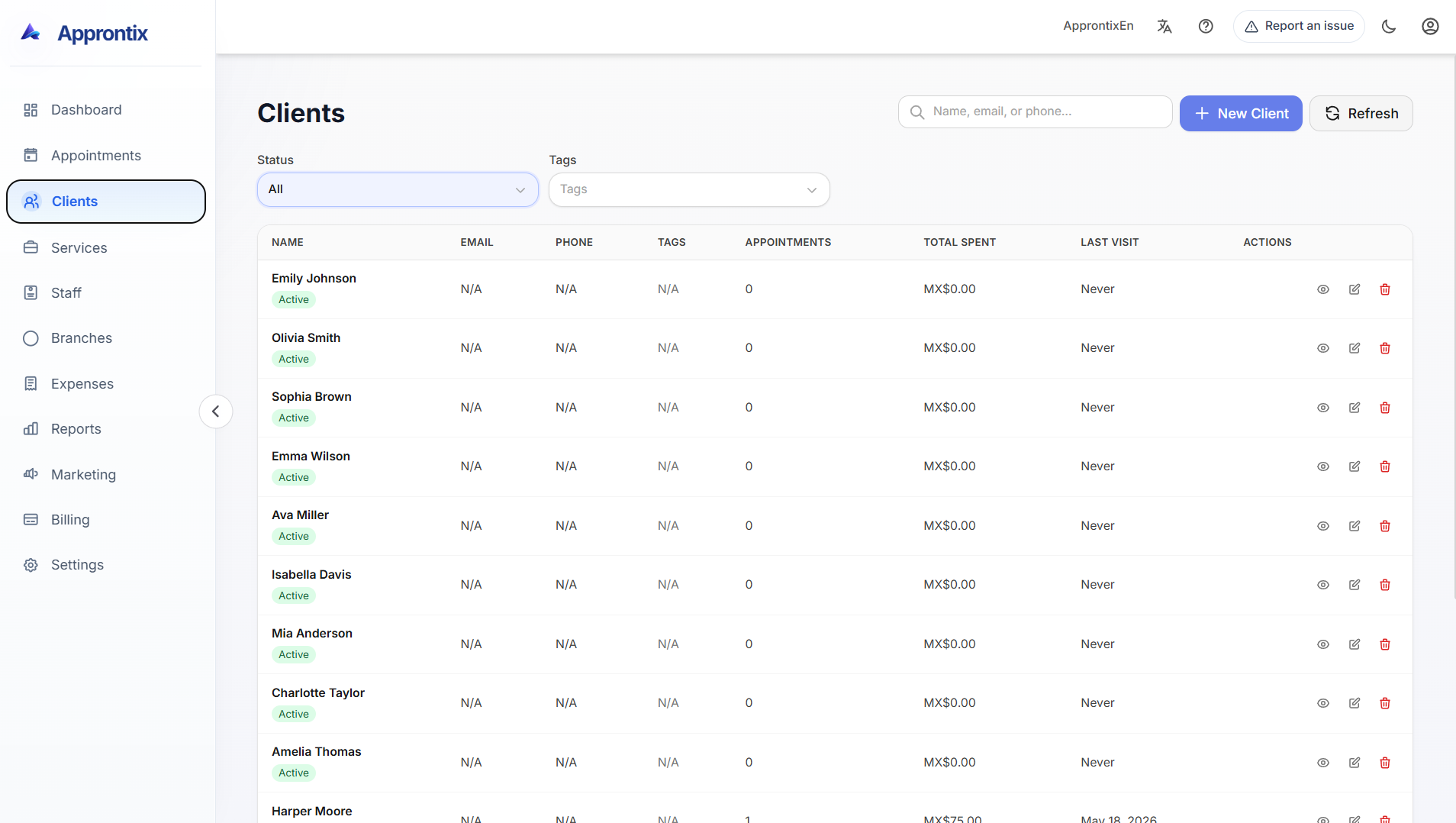 Approntix client module with customer list, profile data, and appointment context.