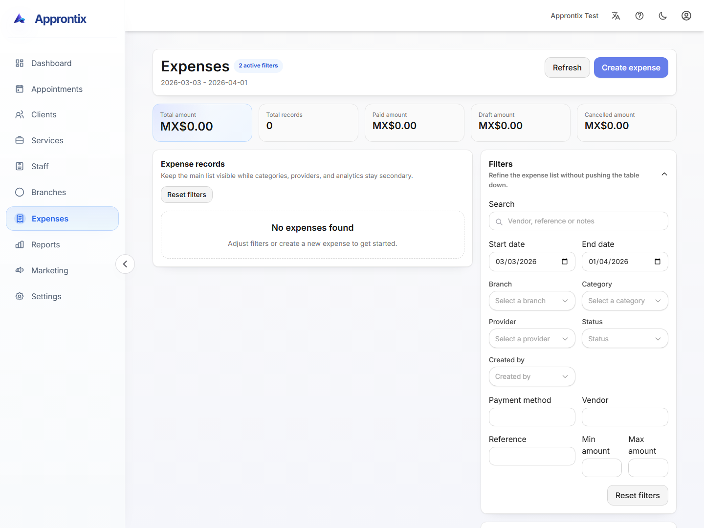 Approntix expenses module with spending records and financial details.