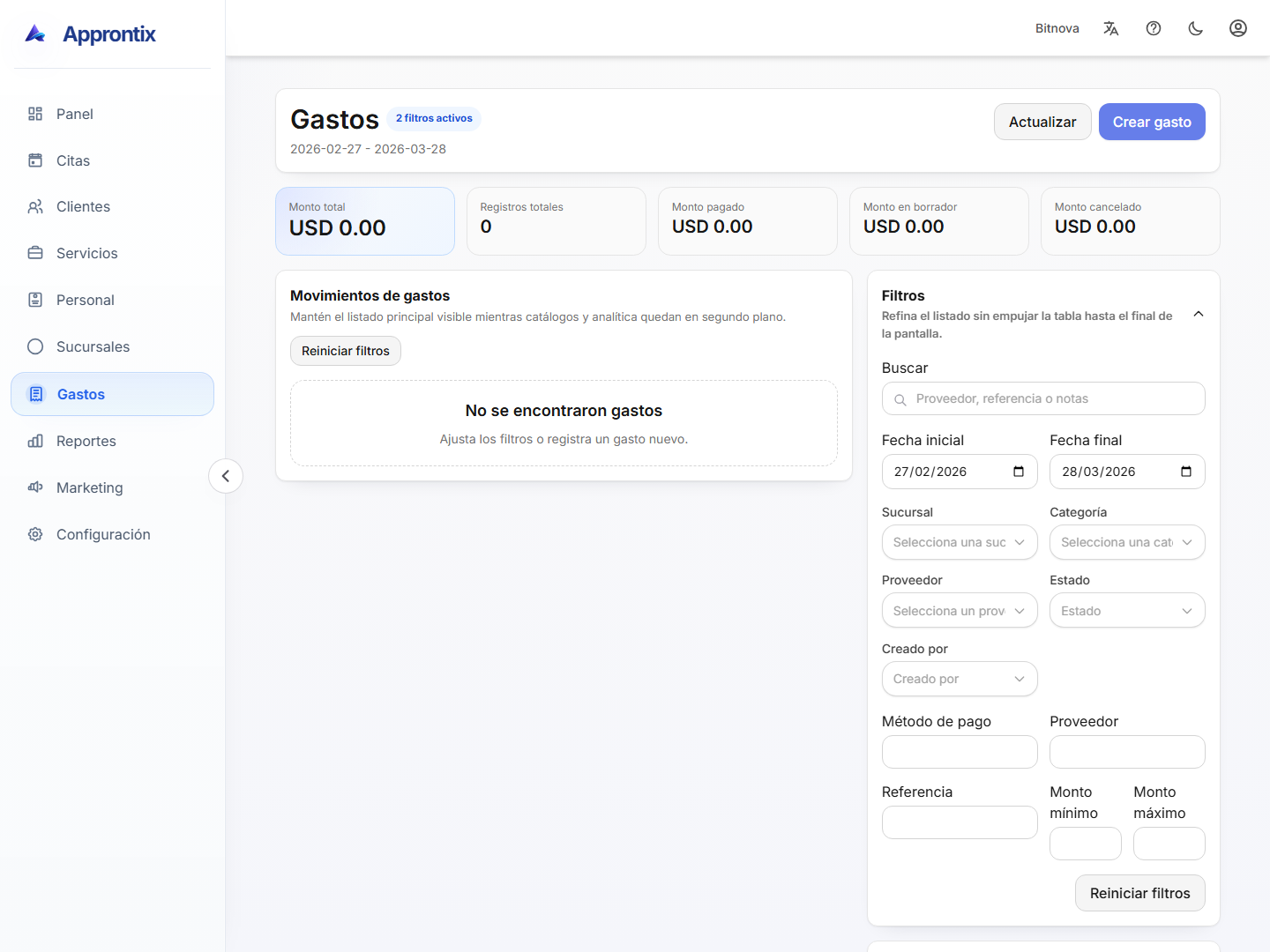 Modulo de gastos de Approntix con registros de gasto y detalles financieros.