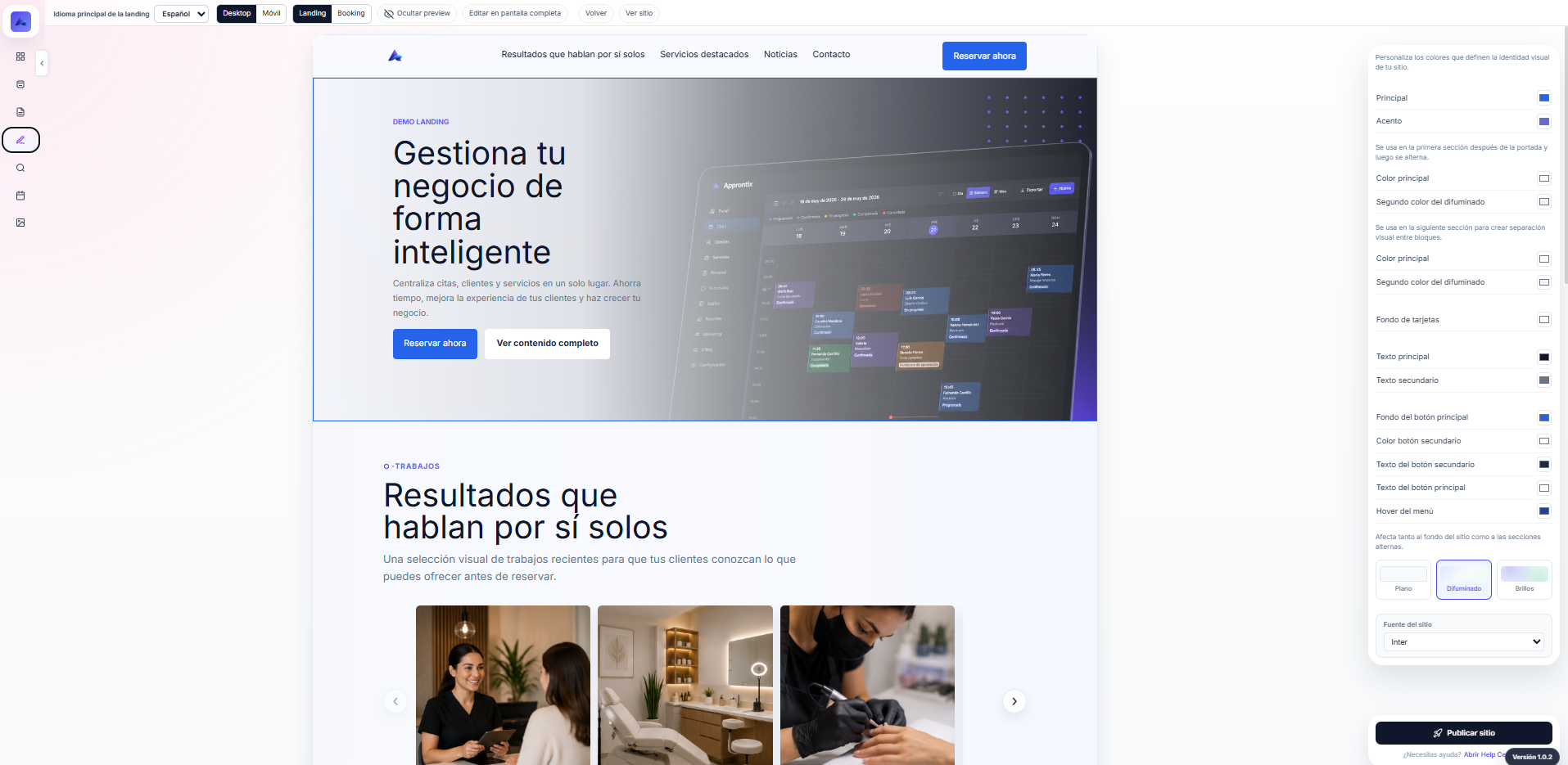 Pantalla del builder de landing de Approntix con configuracion de pagina publica y reservas.