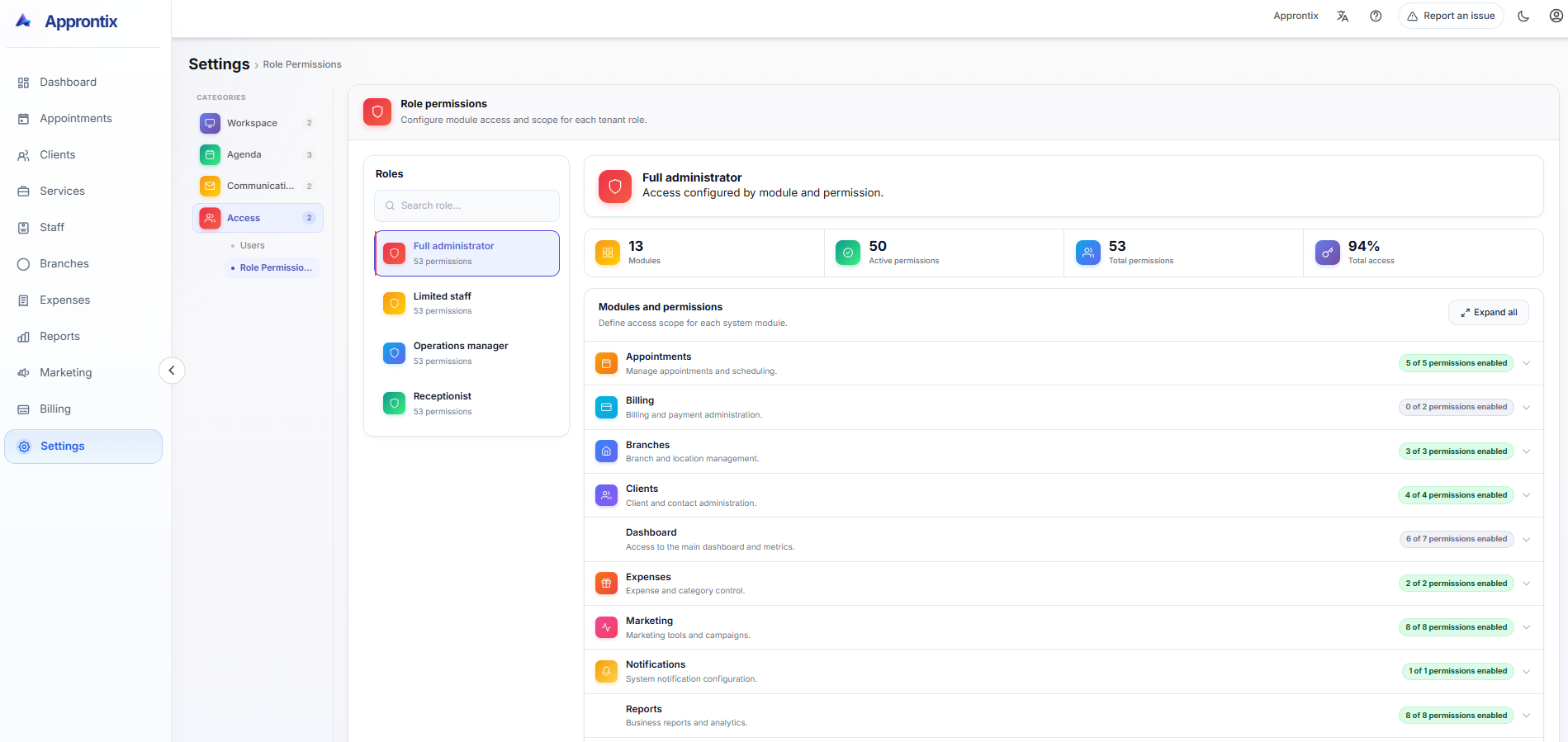 Approntix roles and permissions screen with settings and access control options.