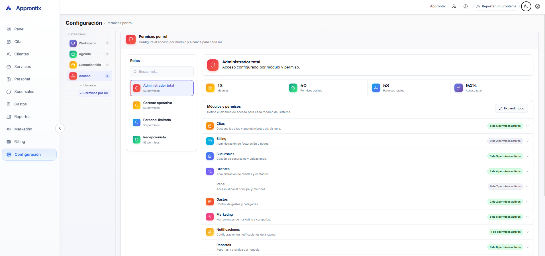 Pantalla de roles y permisos de Approntix con opciones de acceso y configuracion.