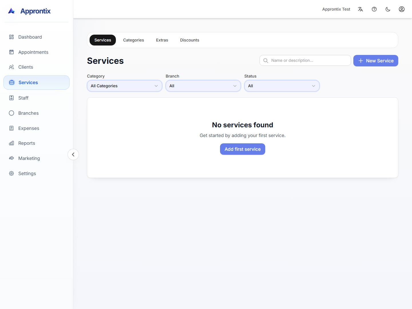 Approntix services module with service catalog, durations, and pricing setup.