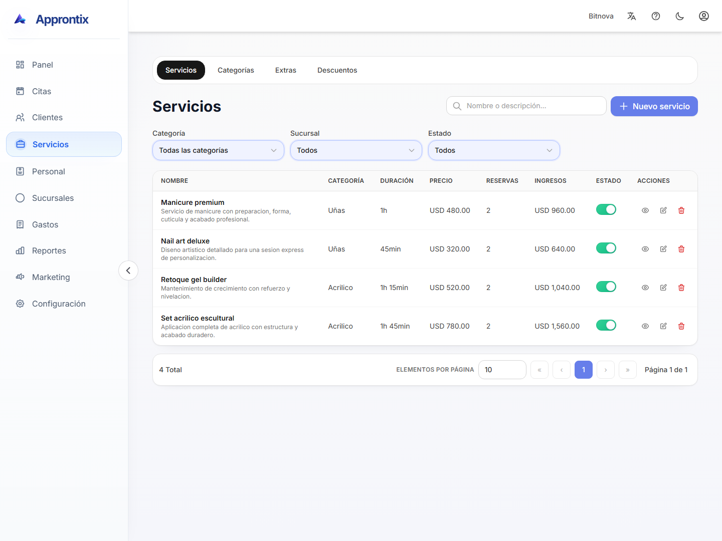 Modulo de servicios de Approntix con catalogo, duraciones y precios.