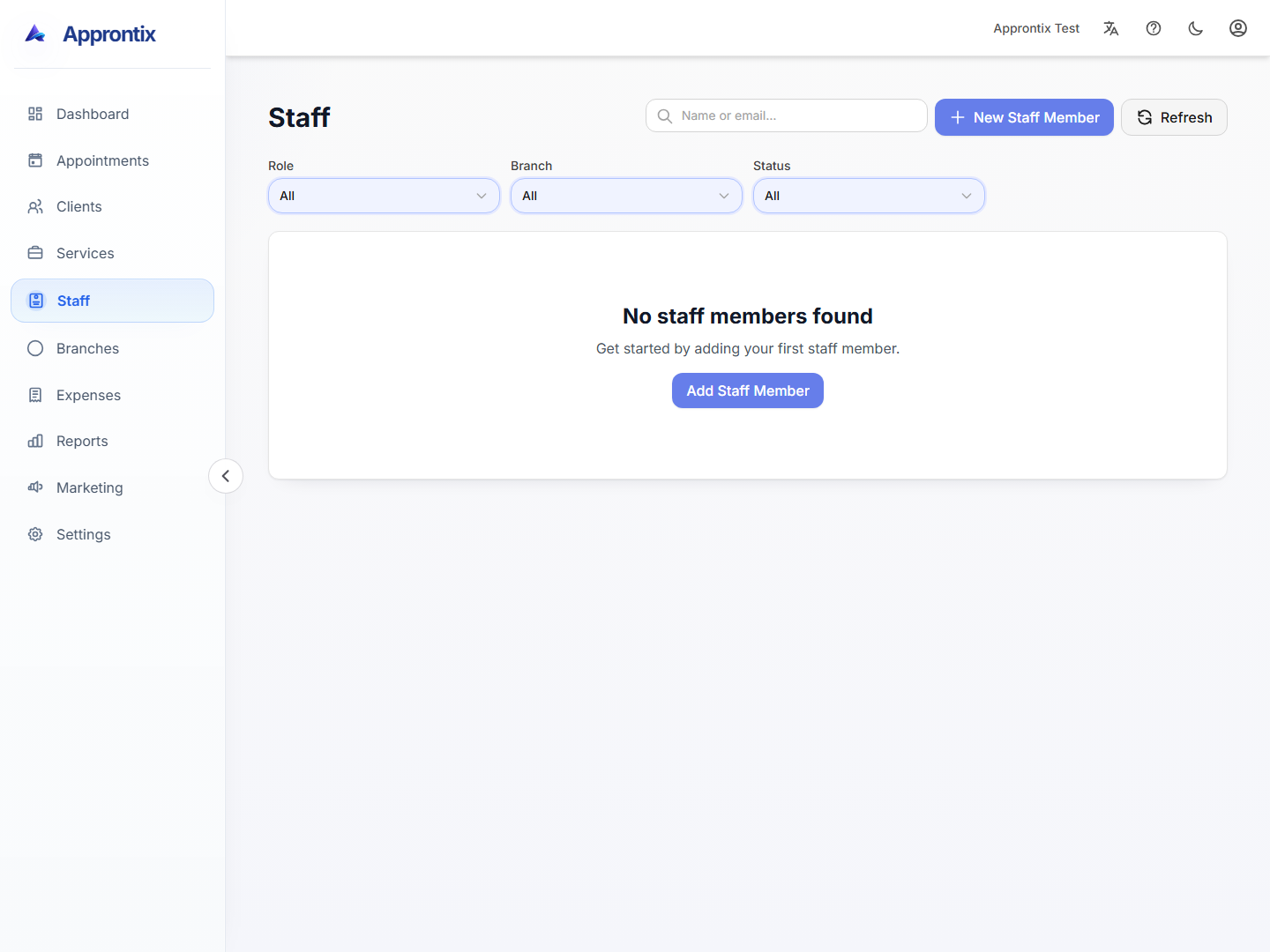 Approntix staff module showing team members, roles, and assignment setup.
