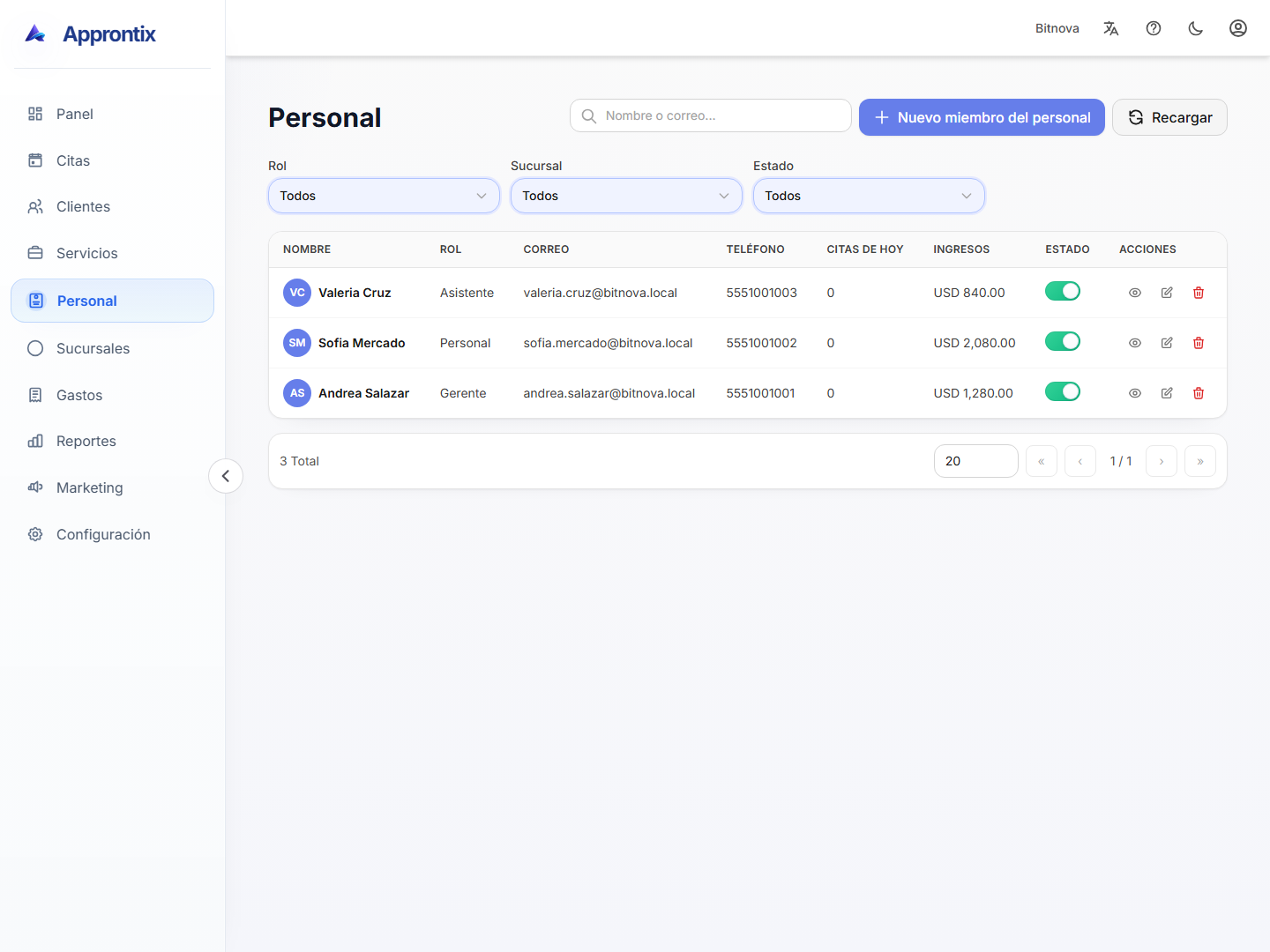 Modulo de staff de Approntix con equipo, roles y configuracion de asignaciones.