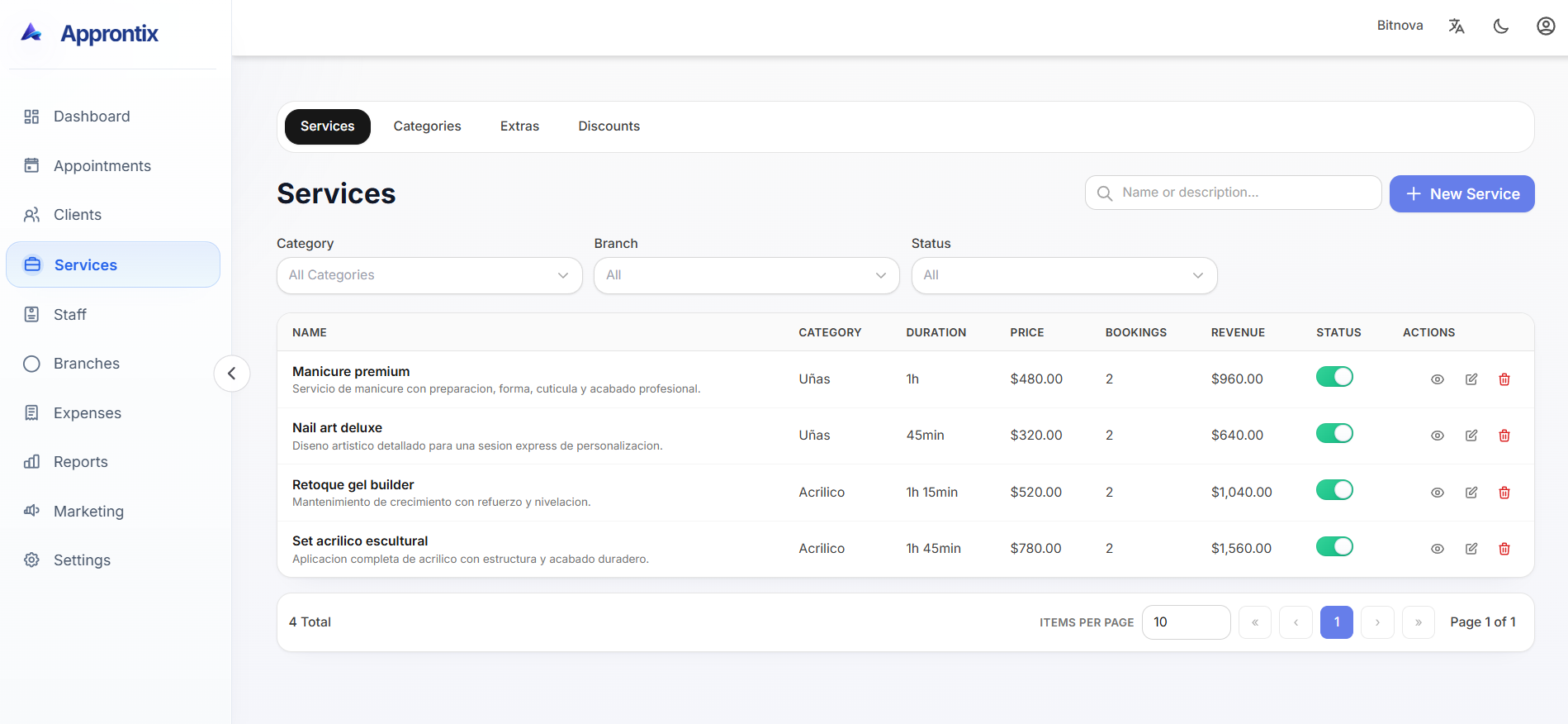 Approntix services module view inside the connected system